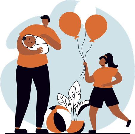 Father with new born baby and girl holding balloon  Illustration