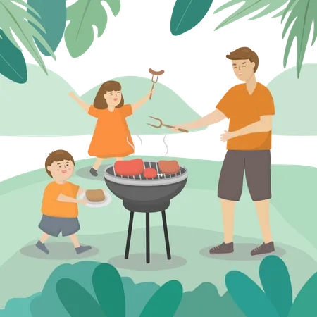 Father with son and daughter go outdoor trip on fathers day Illustration