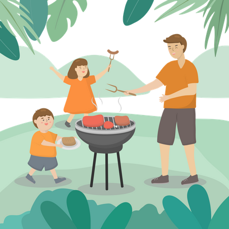 Father with son and daughter go outdoor trip on fathers day  Illustration