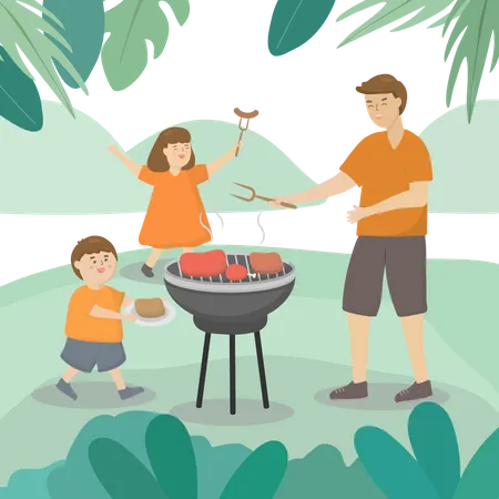 Father with son and daughter go outdoor trip on fathers day  Illustration