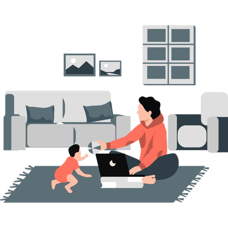 Father working while looking after child  Illustration