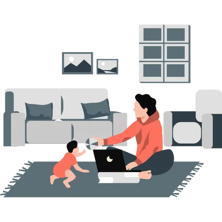 Father working while looking after child  Illustration