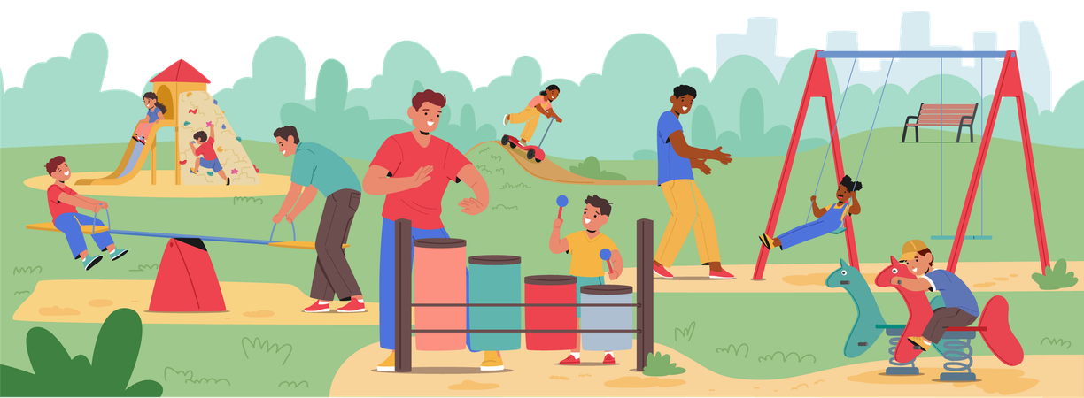 Fathers and Children Enjoying Sunny Day at Playground  Illustration