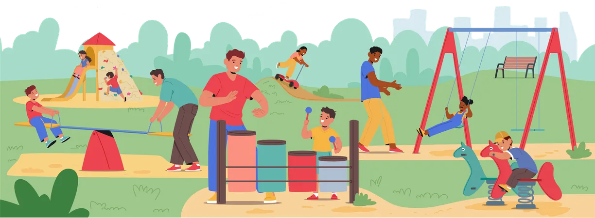 Fathers and Children Enjoying Sunny Day at Playground  Illustration