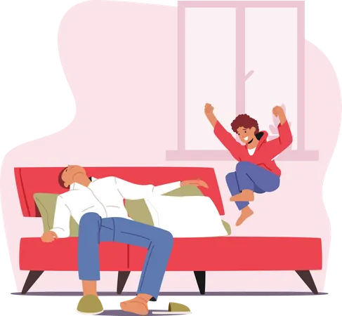 Padre fatigado duerme mientras su hijo salta en la cama  Ilustración