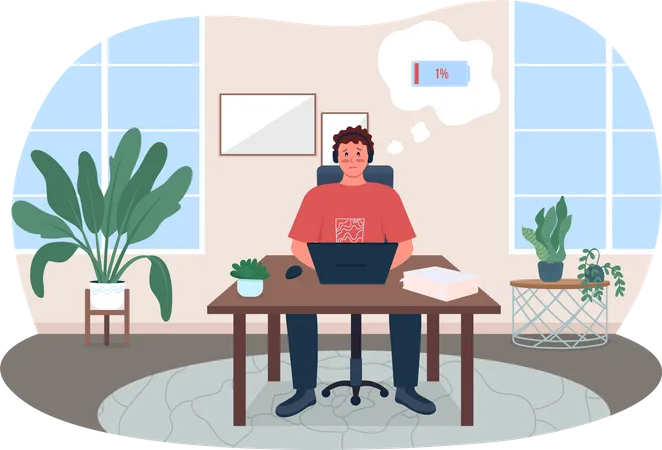 Fatigue 2 D Vector Web Banner Poster Burnout At Work Home Office Unhappy Man Tired Employee Flat Characters On Cartoon Background No Energy Printable Patch Colorful Web Element Illustration
