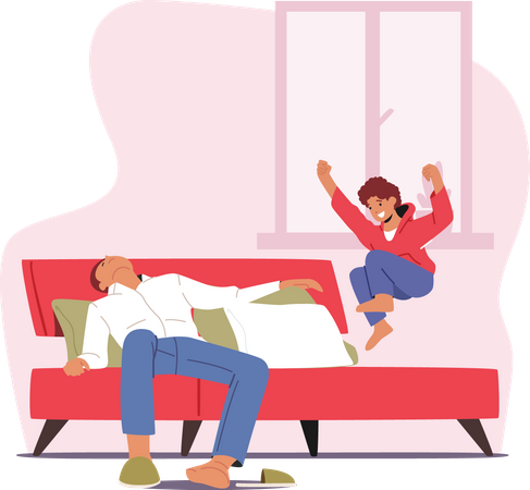 Fatigue Father Sleep while Son Jumping on Bed Illustration