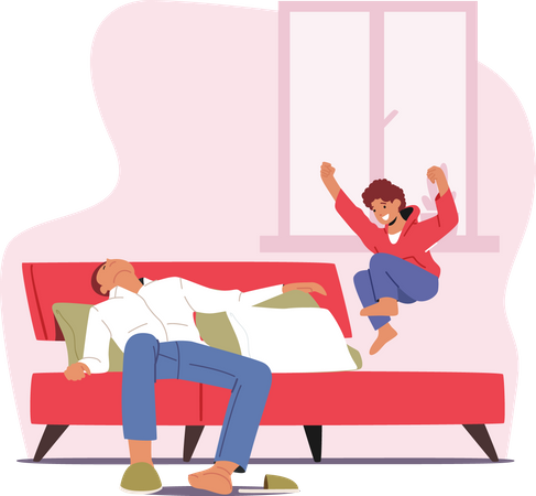 Fatigue Father Sleep while Son Jumping on Bed  Illustration