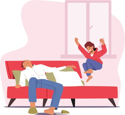 Fatigue Father Sleep while Son Jumping on Bed  Illustration