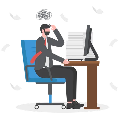 Overwhelmed Work Stress Tired Or Fatigue From Overworked Busy To Finish Project Paperwork In Deadline Anxiety Or Exhaustion Headache Concept Frustrated Businessman Sitting On Office Busy Desk Illustration