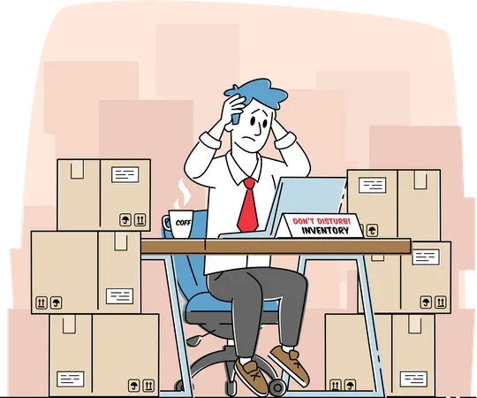 Un gestionnaire d'inventaire fatigué est assis dans un entrepôt avec des piles de boîtes en carton travaillant sur un ordinateur  Illustration