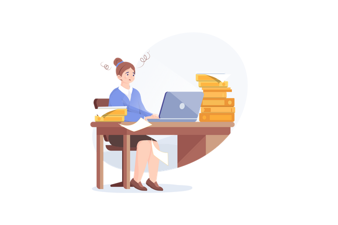 Jeune femme fatiguée travaillant sur son ordinateur portable parmi des piles de papiers et de documents. Stress au bureau  Illustration