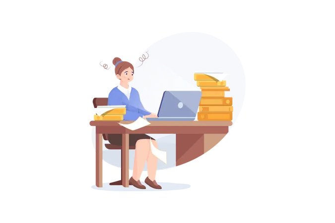 Jeune femme fatiguée travaillant sur son ordinateur portable parmi des piles de papiers et de documents. Stress au bureau  Illustration