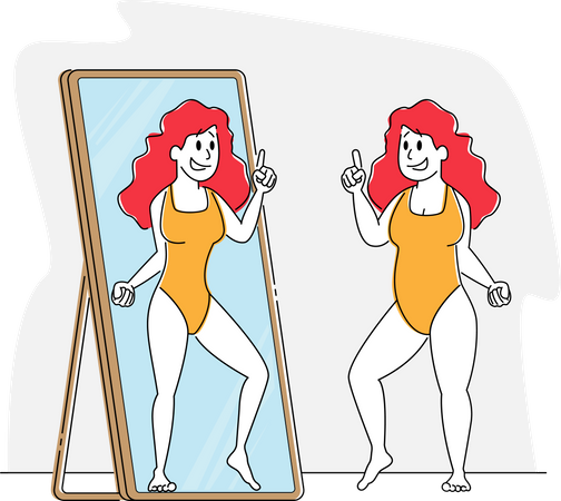 Fatty Female Looking at Mirror Reflection Admire herself Imagine Slim and Fit  Illustration