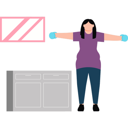 Fatty girl is exercising with dumbbells  Illustration