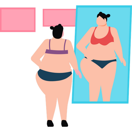 Fatty lady is looking at herself in the mirror  Illustration