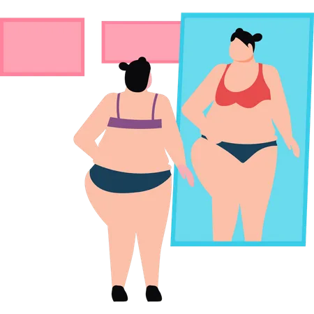 Fatty lady is looking at herself in the mirror  Illustration