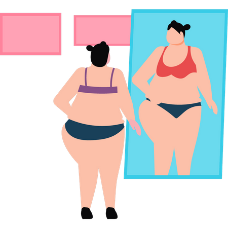 Fatty lady is looking at herself in the mirror  Illustration