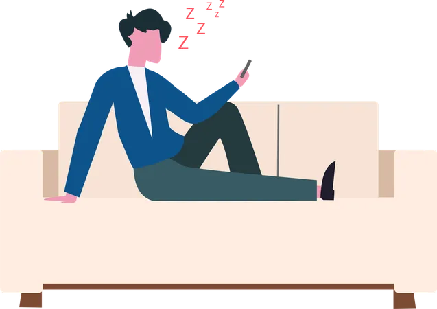 Fauler Geschäftsmann sitzt auf dem Sofa und benutzt Handy  Illustration