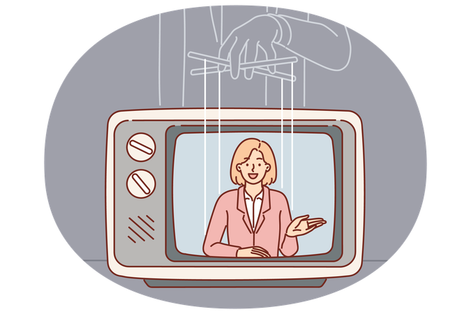 Fausses nouvelles à la télévision dues à un marionnettiste manipulant une présentatrice pour diffuser de la désinformation ou de la propagande Illustration