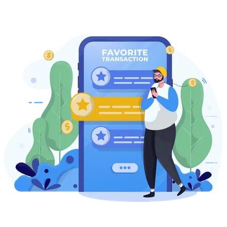 Illustration Of A Man Using A Mobile Finance App With Save To Favorite Transaction Concept 일러스트레이션