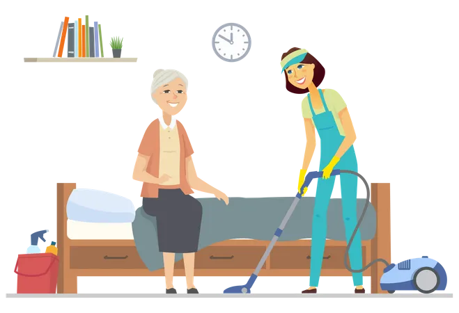 Limpeza ajudando mulher idosa  Ilustração