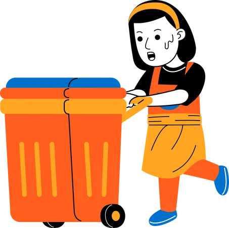 Mulher faxineira empurrando a lata de lixo  Ilustração