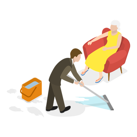 Limpador doméstico limpando o chão e cuidando de idosos  Ilustração