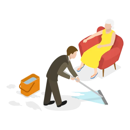 Limpador doméstico limpando o chão e cuidando de idosos  Ilustração