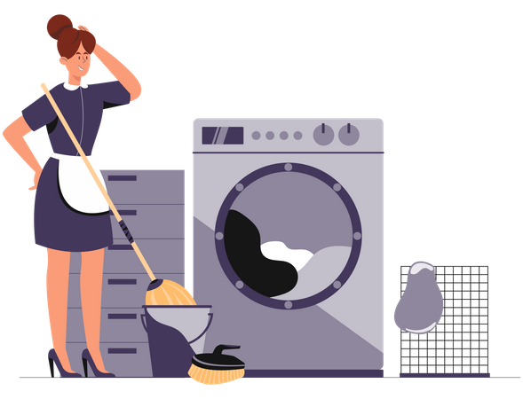 Mulher de limpeza varrendo, esfregando e lavando as roupas na máquina de lavar  Ilustração