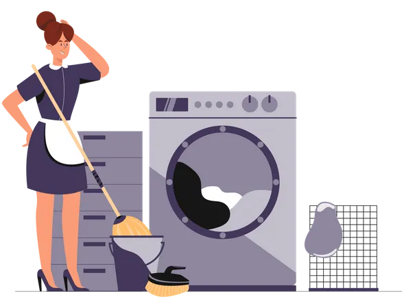 Mulher de limpeza varrendo, esfregando e lavando as roupas na máquina de lavar  Ilustração