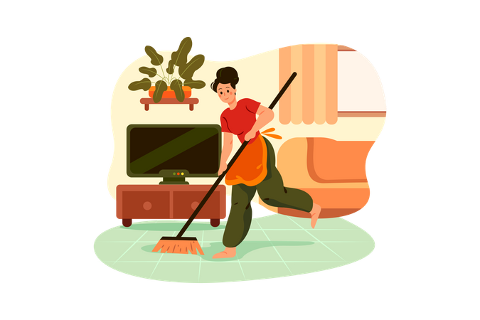 Homem de limpeza limpa o chão da casa com vassoura  Ilustração