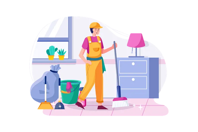 Homem de limpeza segurando a vassoura satisfeito com a casa limpa.  Ilustração