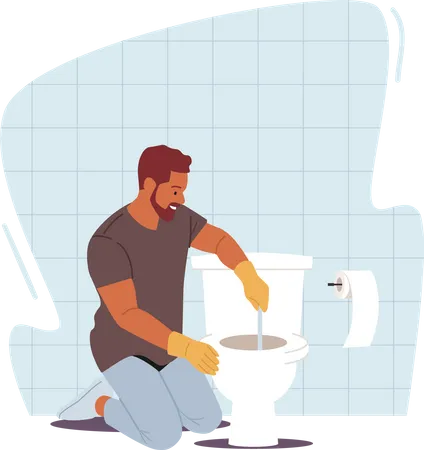 Faz-tudo remove bloqueio com êmbolo no vaso sanitário  Ilustração