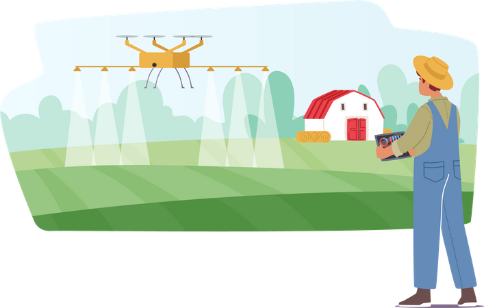 Fazenda inteligente com controle de drone  Ilustração