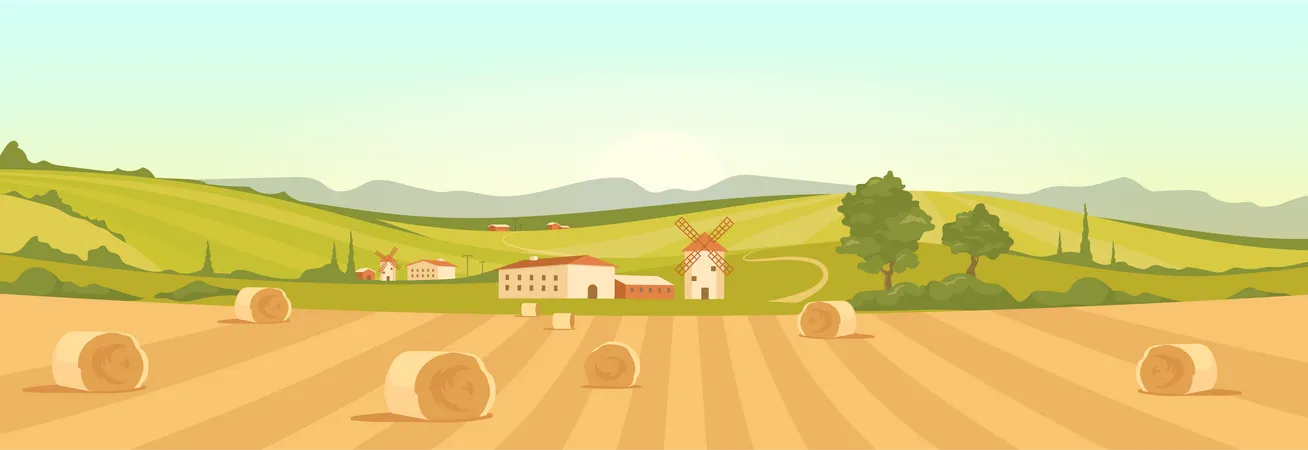 Fazenda Em Ilustracao Vetorial De Cor Plana Rural Paisagem De Desenho Animado 2 D De Terras Agricolas Com Montanhas No Fundo Fardos De Feno Em Campo Agricola Amarelo Pilhas De Trigo Na Area Rural Ilustração