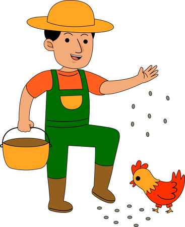Fazendeiro alimentando frango  Ilustração
