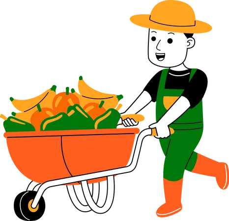 Agricultor empurrando carrinho de frutas  Ilustração
