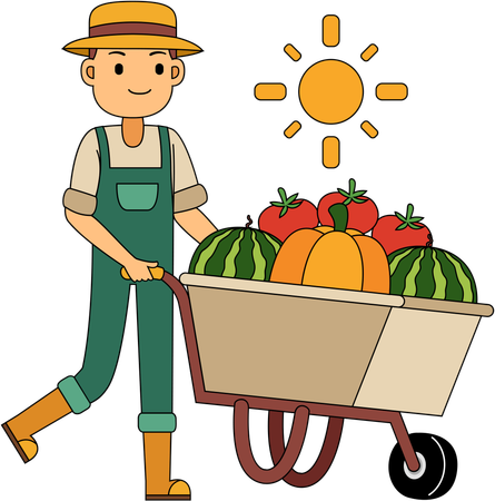 Fazendeiro empurrando carrinho de vegetais  Ilustração