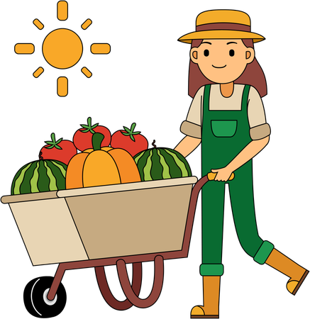 Fazendeiro empurrando carrinho de vegetais  Ilustração