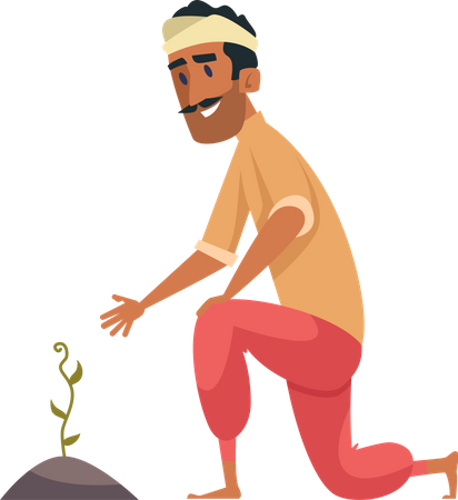 Fazendeiro indiano cuidando da planta  Ilustração