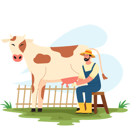 Fazendeiro ordenhando vacas  Ilustração