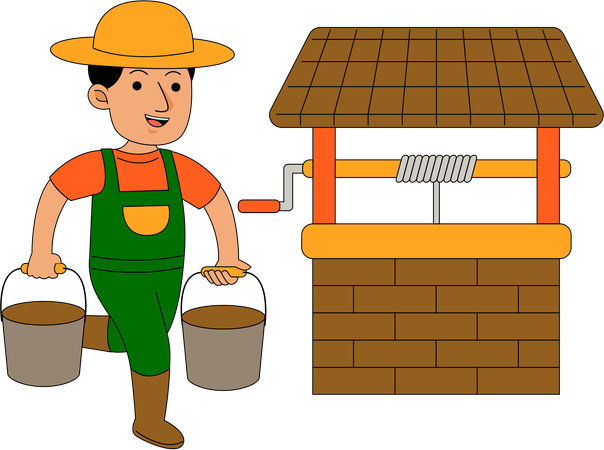 Agricultor tira água de poço  Ilustração