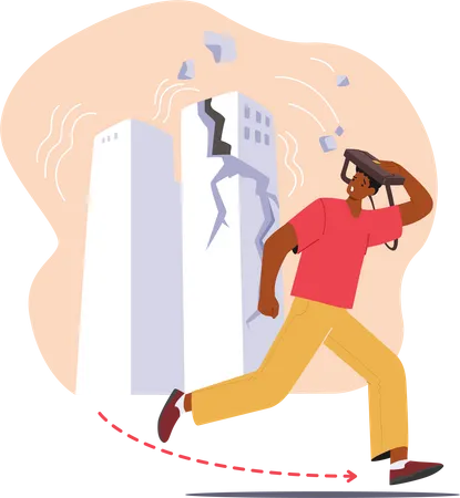 Fear Stricken Man Flees Shattered Building Amidst Earthquake Chaos Desperate Character Navigates Debris Laden Streets Seeking Safety Amidst Crumbling Surroundings Cartoon People Vector Illustration Illustration