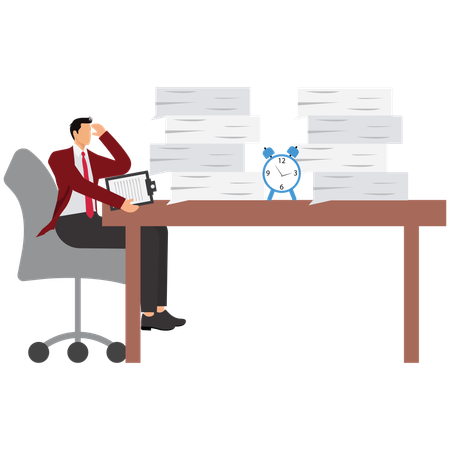 Fearful businessman huddled under desks full of papers  Illustration
