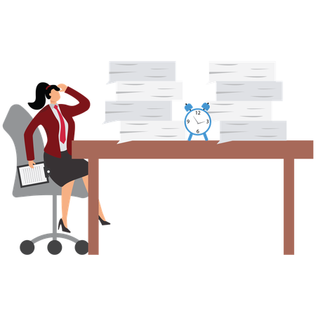 Fearful businesswoman huddled under desks full of papers  Illustration