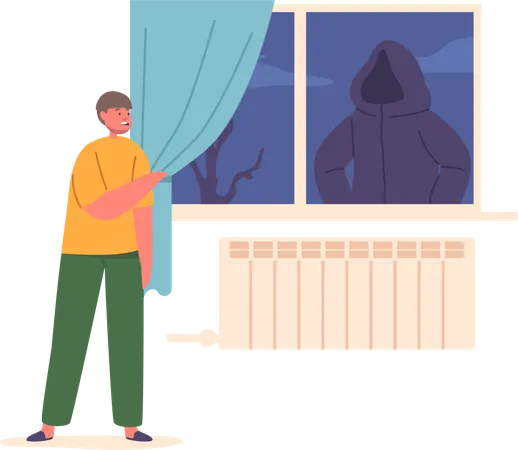Fearful Child Boy Character Peers Through Window Haunted By Imagined Monster Or Stranger In Hood Lurking Beyond The Glass A Mere Figment Of Their Overactive Imagination Cartoon Vector Illustration Illustration