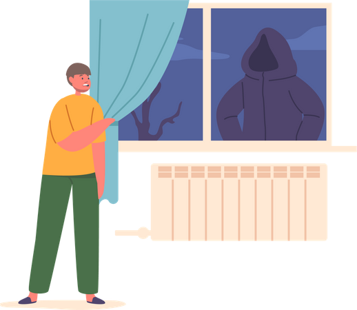 Fearful Child Boy Peers Through Window  Illustration