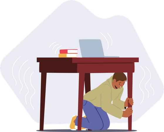 Fearful Man Hides Under Table For Safety During Earthquake  Illustration