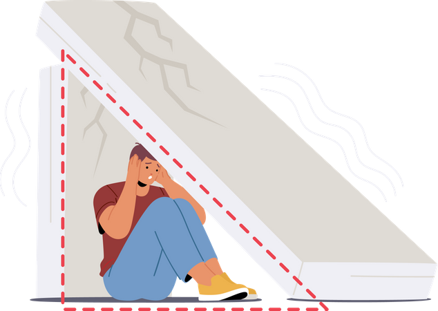 Fearful Man Hiding Under Concrete Slab For Safety During Earthquake  Illustration